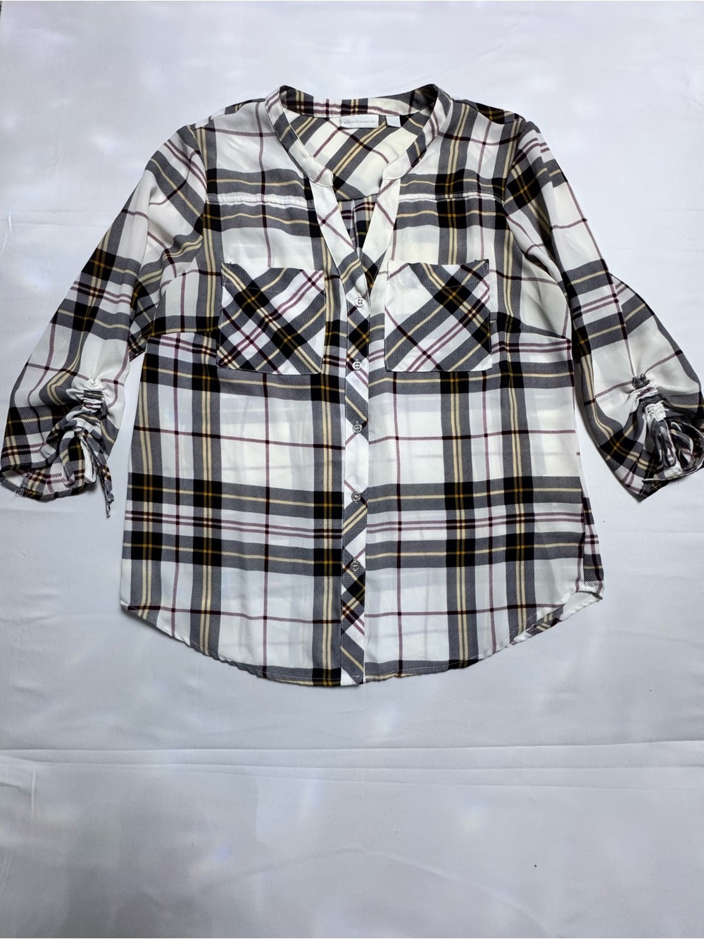 New York & Company White Plaid Button-Down Shirt with Black & Yellow Trim